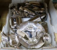 A quantity of plated items, including comports, tea service, flatware, sugar caster, meat skewers,