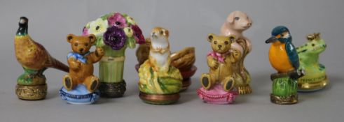 Halcyon Days Porcelain - four desk seals and two seated teddy bears and three enamel boxes, none