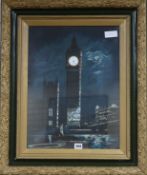 A picture of Big Ben with mother of pearl overlay and a clock face inlaid to the tower, 50 x 37cm