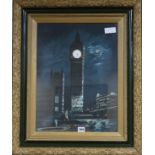 A picture of Big Ben with mother of pearl overlay and a clock face inlaid to the tower, 50 x 37cm