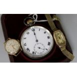 Two 9ct gold wrist watches, including J.W. Benson and a silver pocket watch.