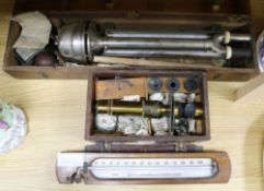 A Negretti & Zambra cased Assman's Psychrometer, a boxed microscope and a thermometer