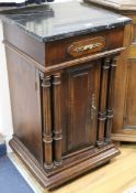 A late Victorian mahogany marble topped bedside cupboard W.45cm
