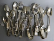 A quantity of assorted 19th century silver fiddle and thread pattern flatware, various dates &