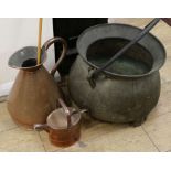 A candle snuff, a copper watering jug and kettle and a cauldron