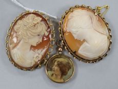 A cameo brooch in 9ct gold mount, another cameo brooch and a 9ct gold-mounted circular portrait