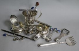 A Victorian silver small toddy ladle, a later silver caddy spoon and a quantity of other items