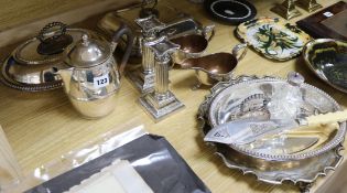 Silver plate: serving dishes, salver, coffee pot, Georgian style corinthian candlesticks