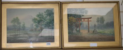 Early 20th century, Japanesepair of watercolourTori Gatesigned Shumin25 x 34cm
