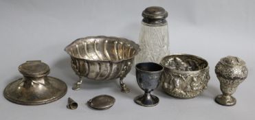 Assorted items including silver bowl, silver capstan inkwell and silver egg cup.