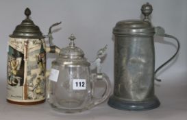 A Heinnich Schlitr 'gnome' stoneware stein, a 1798 pewter stein and a glass stein