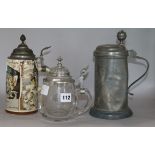 A Heinnich Schlitr 'gnome' stoneware stein, a 1798 pewter stein and a glass stein