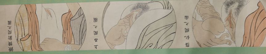 Two Japanese Shunga hand scroll paintings and a boxed 'mon' scroll