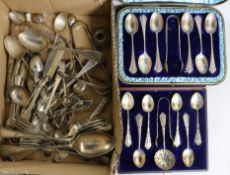 Two cased sets of silver teaspoons and tongs and a quantity of other small silver flatware including