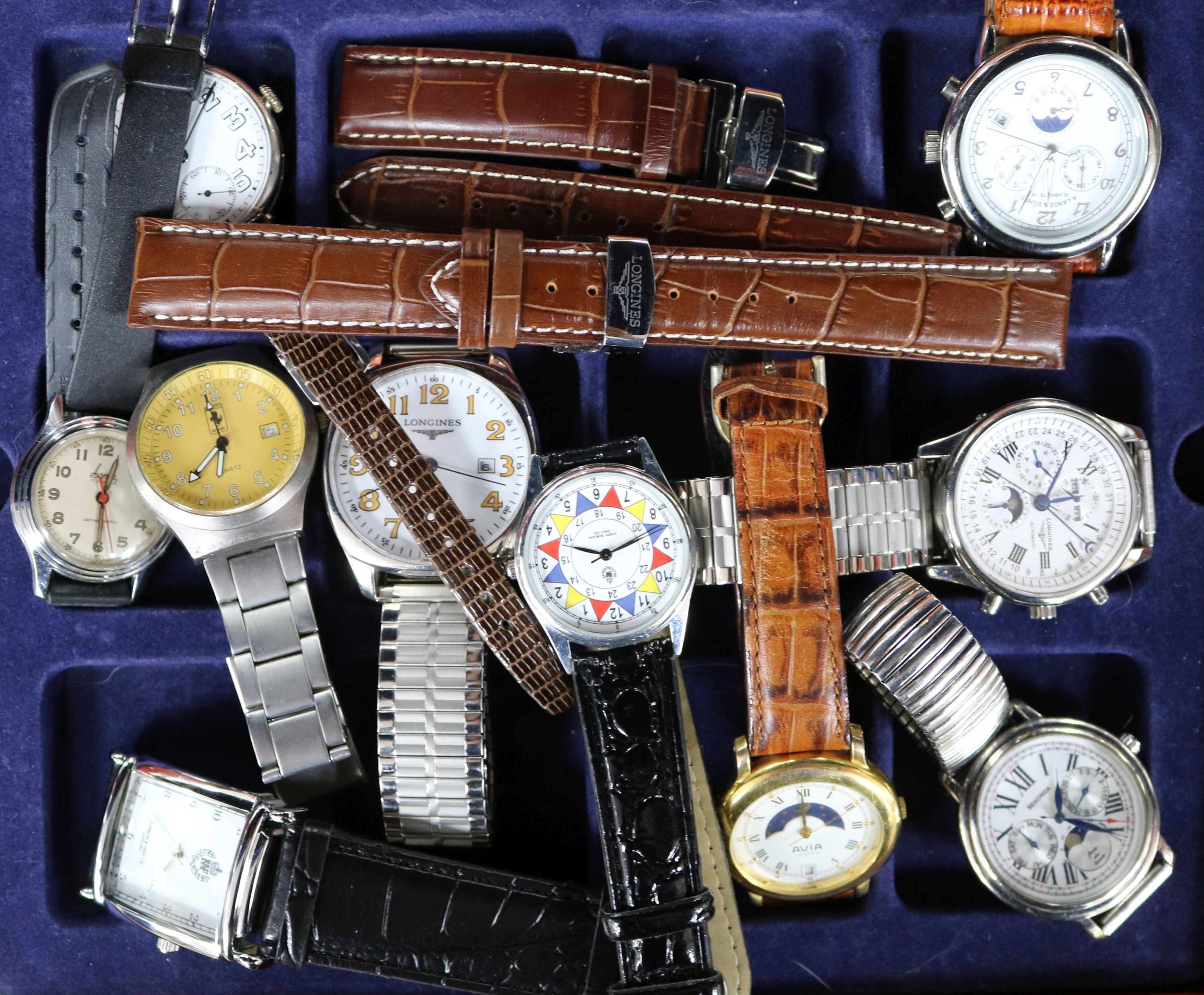 Ten gentlemen's wristwatches, various, including replica examples, contained in a wooden case