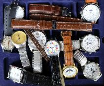 Ten gentlemen's wristwatches, various, including replica examples, contained in a wooden case