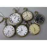 A silver-cased pocket watch with silver chain, an H. Williamson Ltd military plated example and four