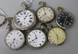 A silver-cased pocket watch with silver chain, an H. Williamson Ltd military plated example and four