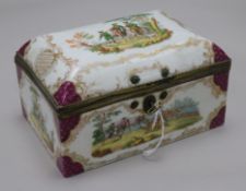 A Dresden porcelain casket and cover, late 19th century, the exterior painted with hunting scenes