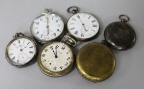 A Helvetia military issue pocket watch, two silver cased pocket watches and three others