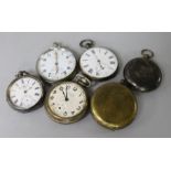 A Helvetia military issue pocket watch, two silver cased pocket watches and three others