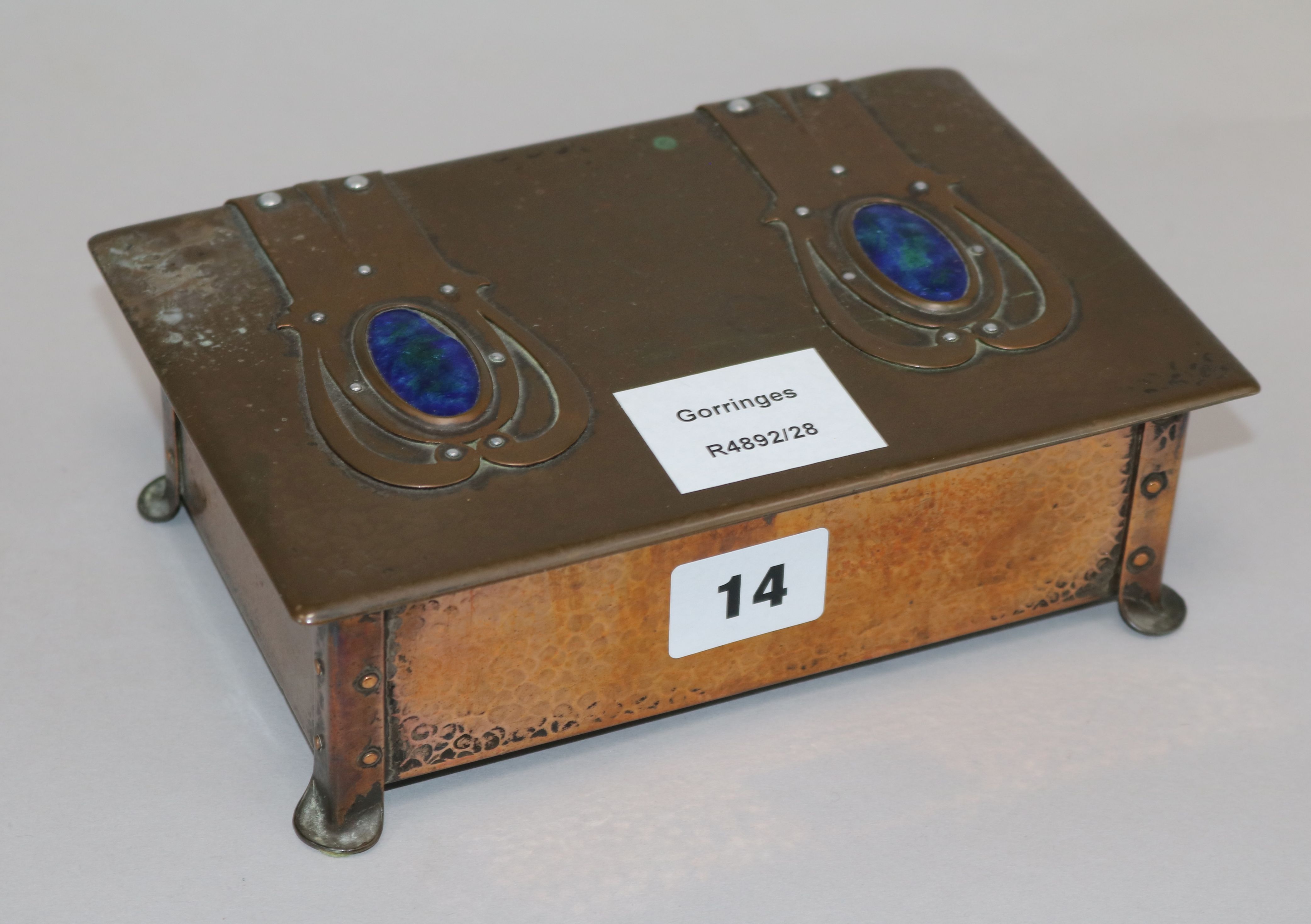 A Cambray ware copper and enamel box