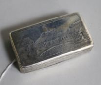 A 19th century Russian 84 zolotnik silver and niello(worn) rectangular snuff box, 1872?, 75mm.