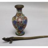 A horn lizard paper knife and cloisonne vase