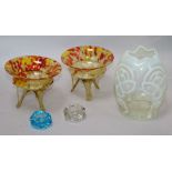 Pair of glass sweetmeat dishes, a shade and 2 salts