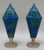A pair of Paul Milet Sevres Art Deco pottery and chrome electroplate mounted vases and integral