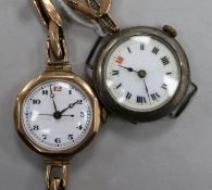 An early 20th century 9ct gold wrist watch on a 9ct gold flexible bracelet and a silver wrist