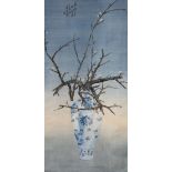 A Chinese scroll painting of flowers in a bowl, boxed.