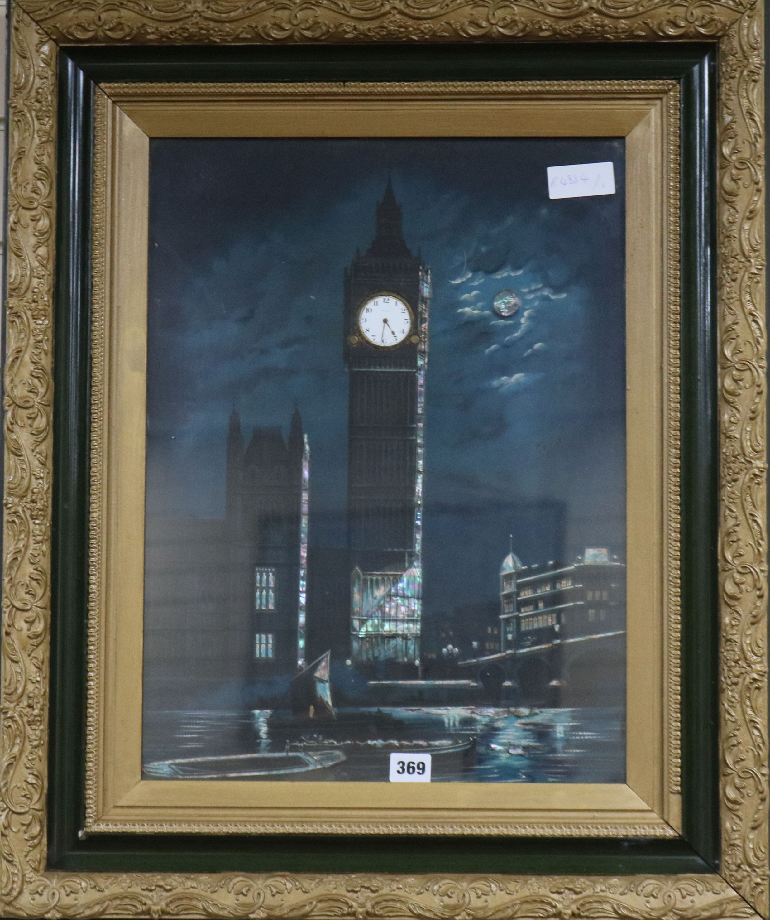 A timepiece picture of Big Ben with mother of pearl overlay and a clock face inlaid to the tower, 50