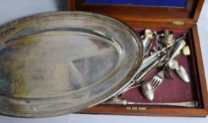Two wooden boxes containing assorted flatware including 800 standard silver and a plated oval meat
