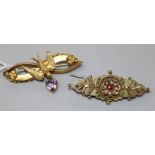 A late Victorian 9ct gold "swallow" brooch with heart shaped amethyst drop and an Edwardian 9ct gold