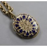 A yellow metal and enamel oval locket on a yellow metal chain.