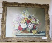 G Rock, oil on canvas, Still life of flowers in a basket on a ledge, signed and dated '50, 51 x