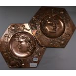A pair of Art Nouveau copper hexagonal wall plates