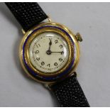 A lady's early 20th century 18ct gold and enamel manual wind wrist watch (enamel a.f.).