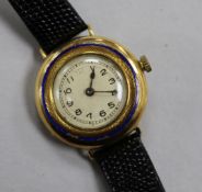 A lady's early 20th century 18ct gold and enamel manual wind wrist watch (enamel a.f.).