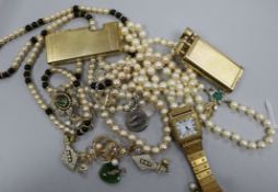 Two cultured pearl necklaces, a Dunhill Unique gilt lighter and a quantity of costume jewellery.