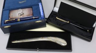 A Montblanc Noblesse Oblige fountain pen, a Theo Fennell writing set and paperknife and a Pringle