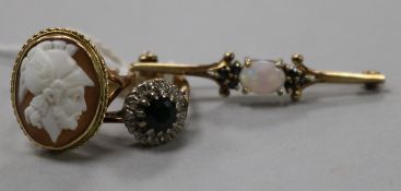 An 18ct gold, sapphire and diamond cluster ring, a 9ct gold cameo ring and a 9ct gold, white opal