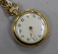An 18ct gold fob watch on a gilt metal chain.