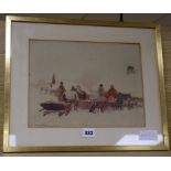 Adam Setkowicz, watercolour, family and sled in winter, signed, 23 x 30cm.