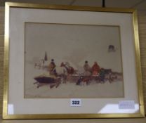 Adam Setkowicz, watercolour, family and sled in winter, signed, 23 x 30cm.