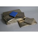 A silver cigarette box, four silver cigarette cases and an enamel and plated cigarette case.