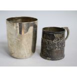 A Georgian silver christening mug (af) and a Victorian silver beaker, 6.7 oz.