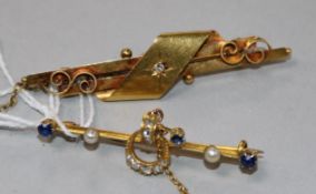A Victorian 15ct gold and diamond set bar brooch and one other yellow metal, diamond and gem set bar