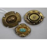 Three Victorian yellow metal brooches, one set with turquoise, another with seed pearls.